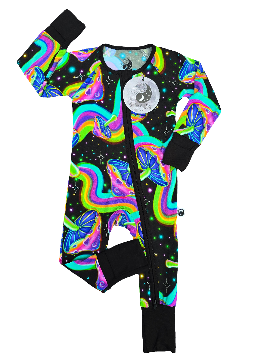 Psychedelic Mushrooms - Bamboo Convertible Zip Romper Pajamas