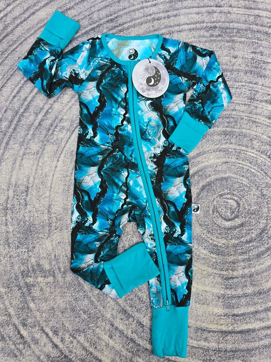Moon Rock Teal Blue - Bamboo Convertible Zip Romper Pajamas