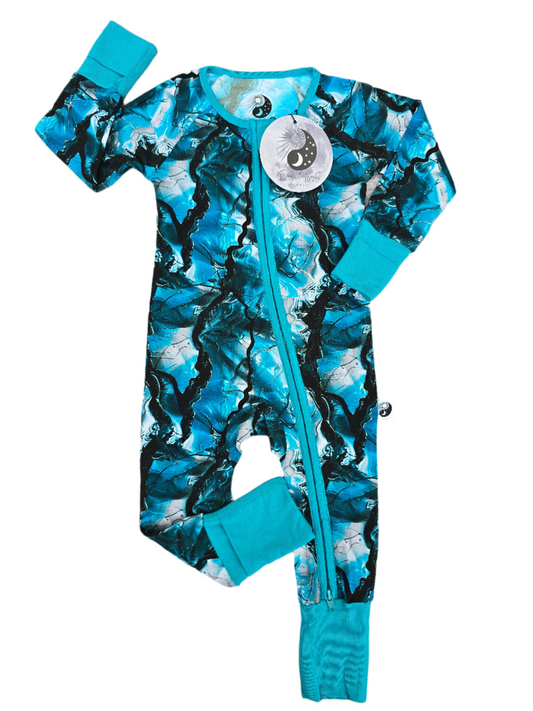 Moon Rock Teal Blue - Bamboo Convertible Zip Romper Pajamas