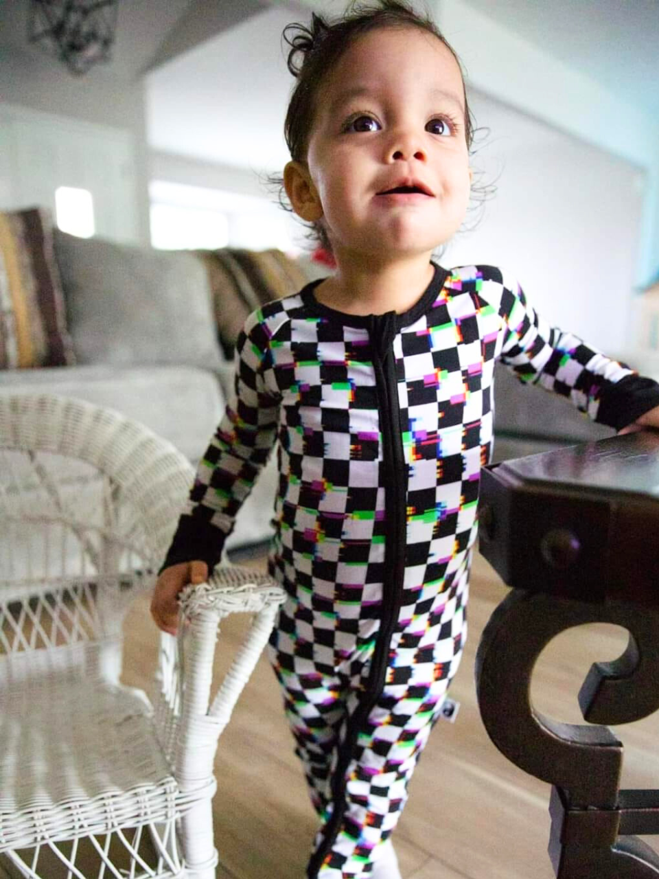 Glitch Checkers - Bamboo Convertible Zip Romper Pajamas