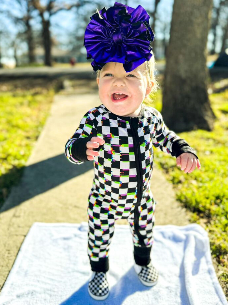 Glitch Checkers - Bamboo Convertible Zip Romper Pajamas